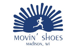 the logo for movin'shoes madison, wi.